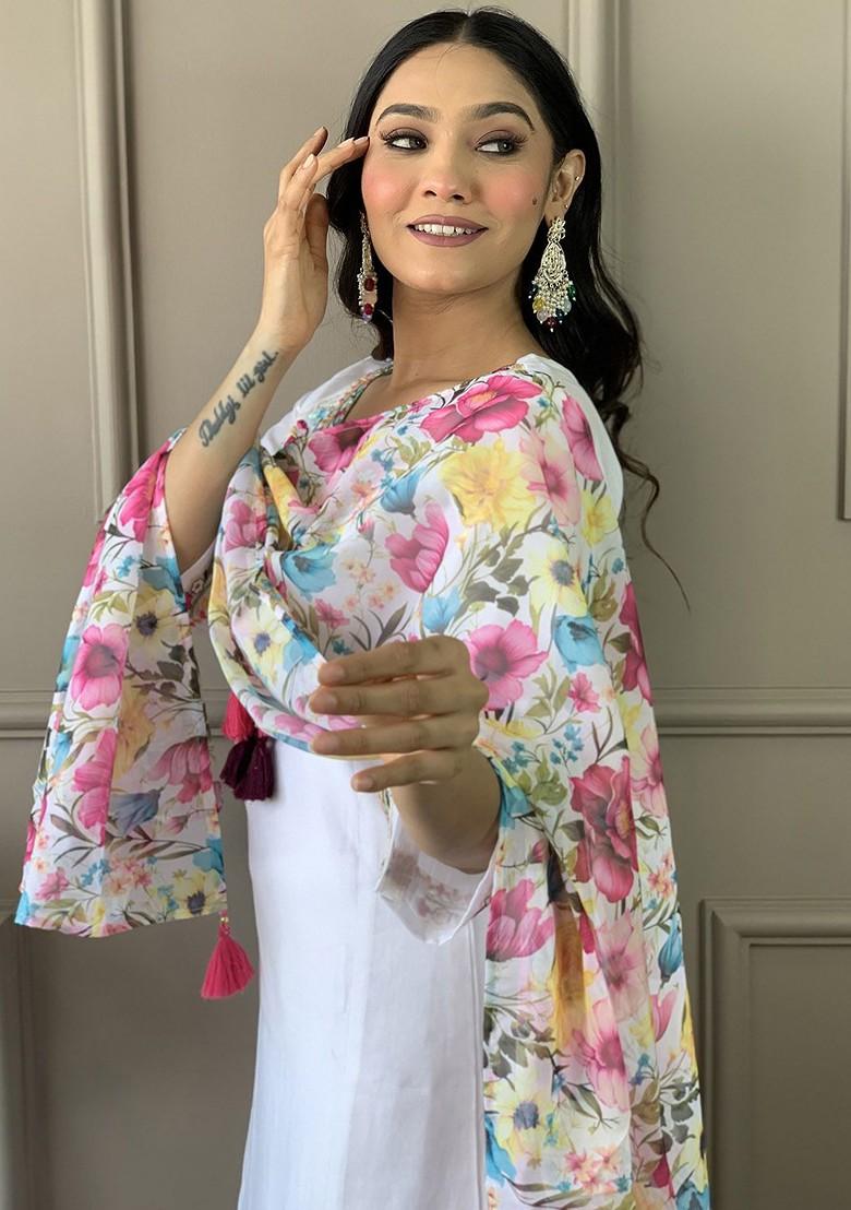 White Floral Print Chanderi Kurta Set