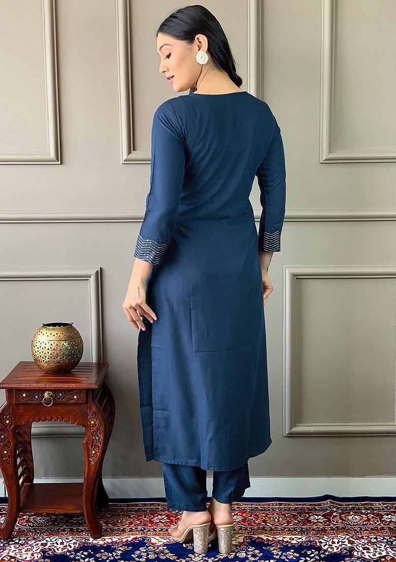 Teal Embroidered Poly Blend Kurta Set