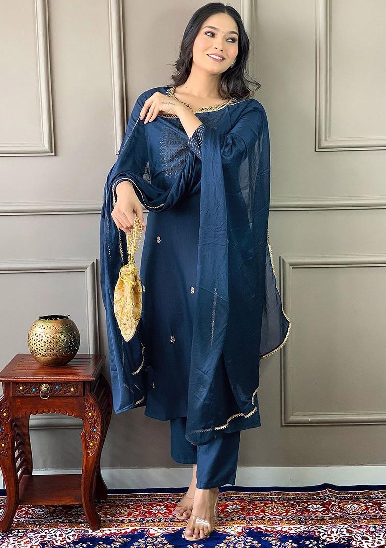 Teal Embroidered Poly Blend Kurta Set