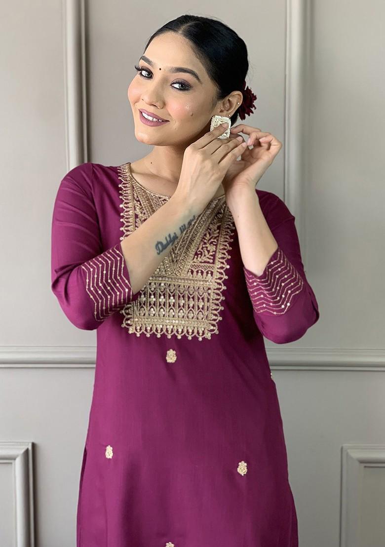 Purple Embroidered Poly Blend Kurta Set