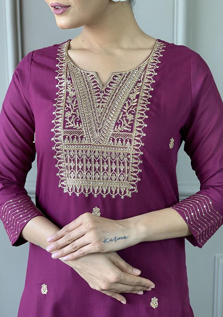 Purple Embroidered Poly Blend Kurta Set