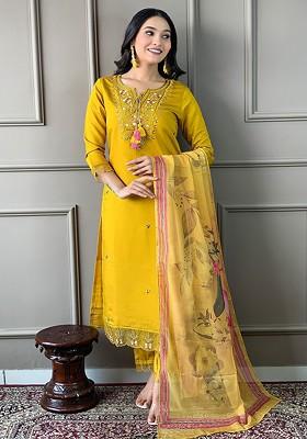 Mustard Embroidered Chanderi Kurta Set