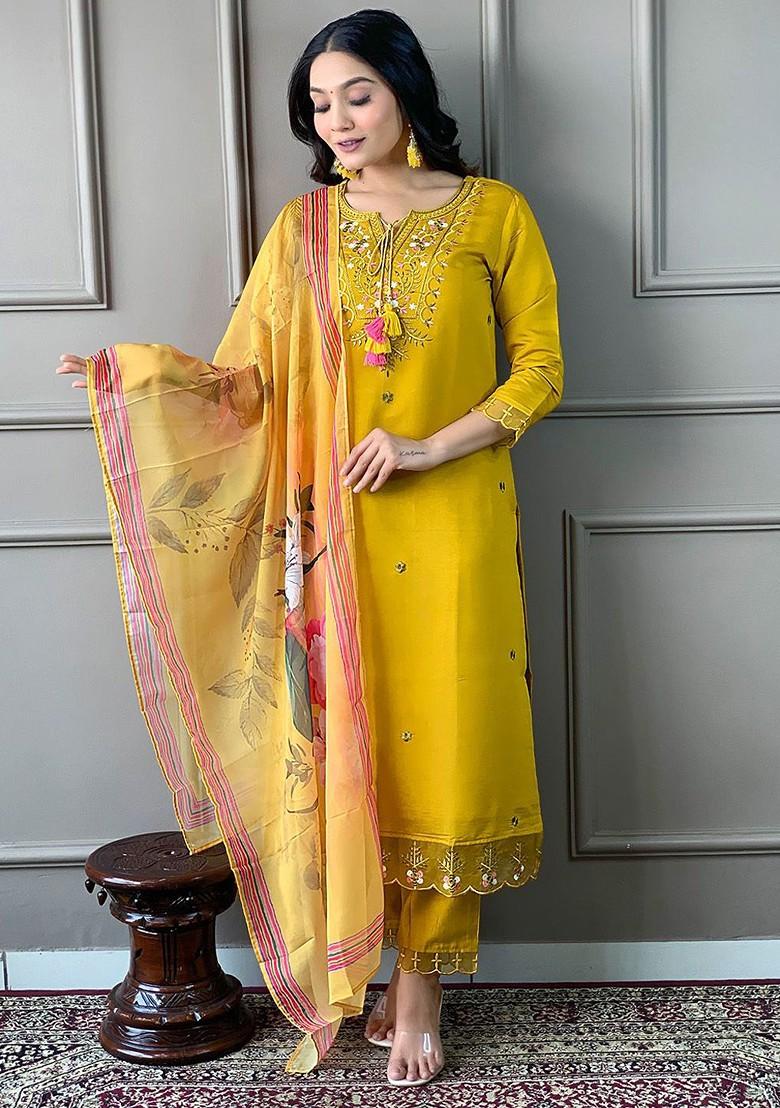 Mustard Embroidered Chanderi Kurta Set