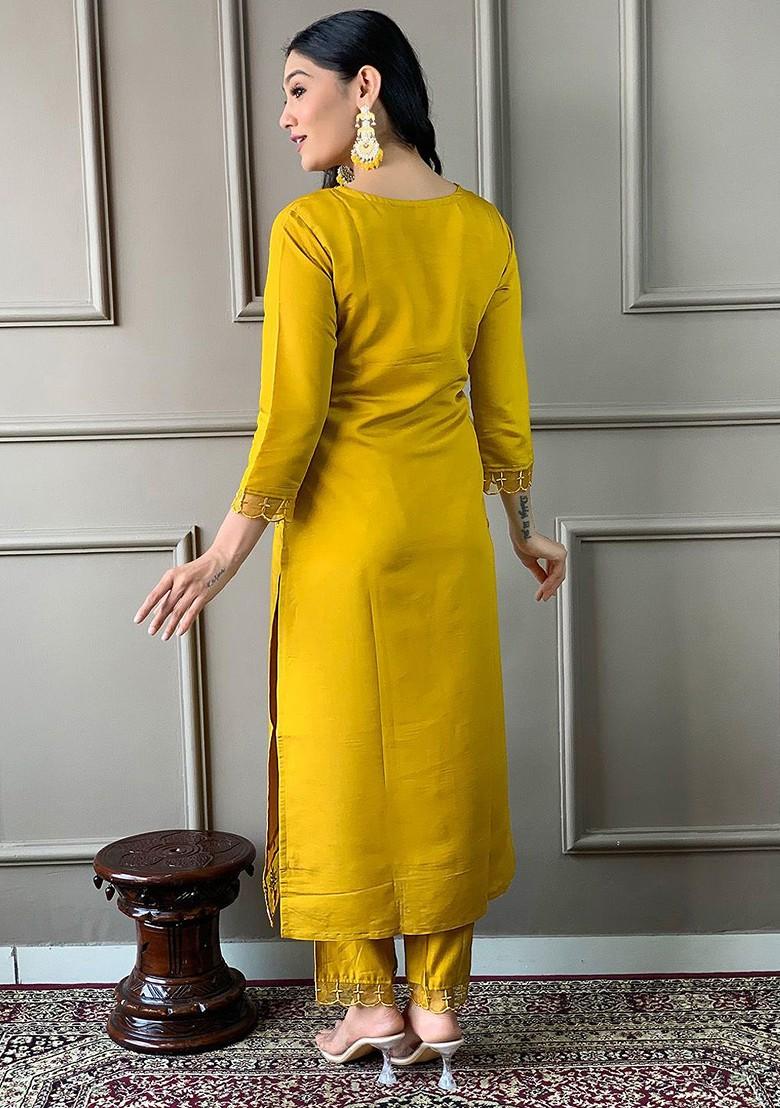 Mustard Embroidered Chanderi Kurta Set