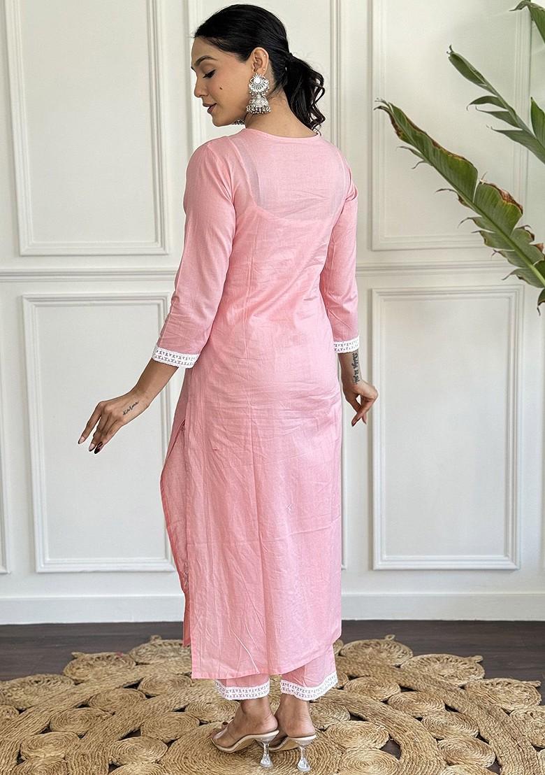 Peach Embroidered Cotton Kurta Set