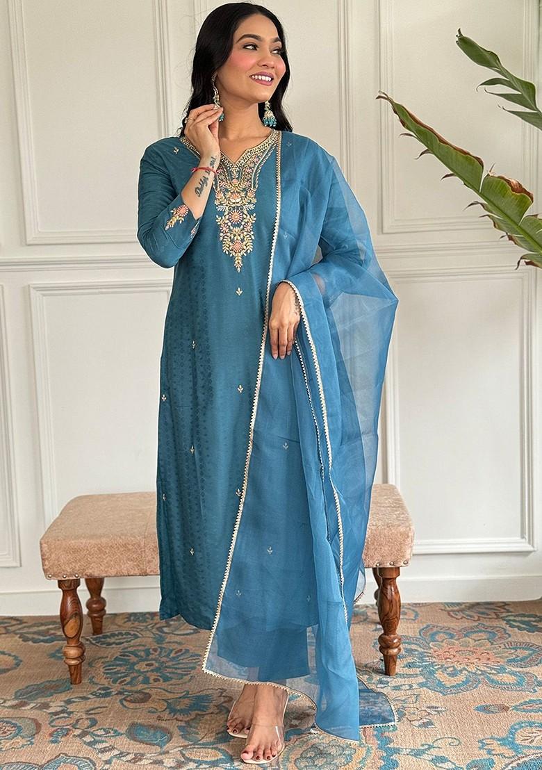 Teal Embroidered Chanderi Kurta Set