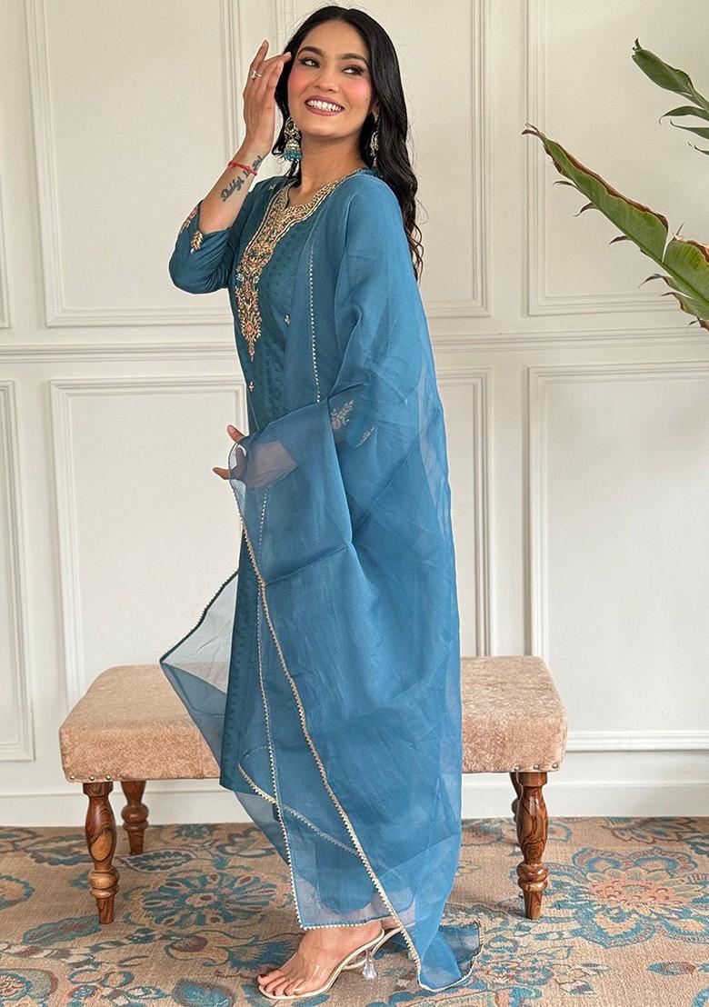 Teal Embroidered Chanderi Kurta Set