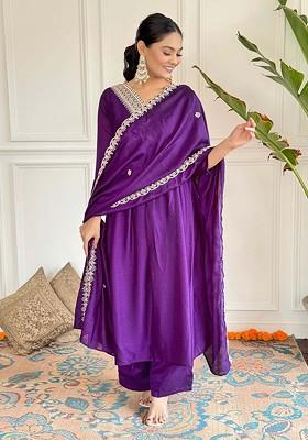 Purple Solid Poly Blend Kurta Set