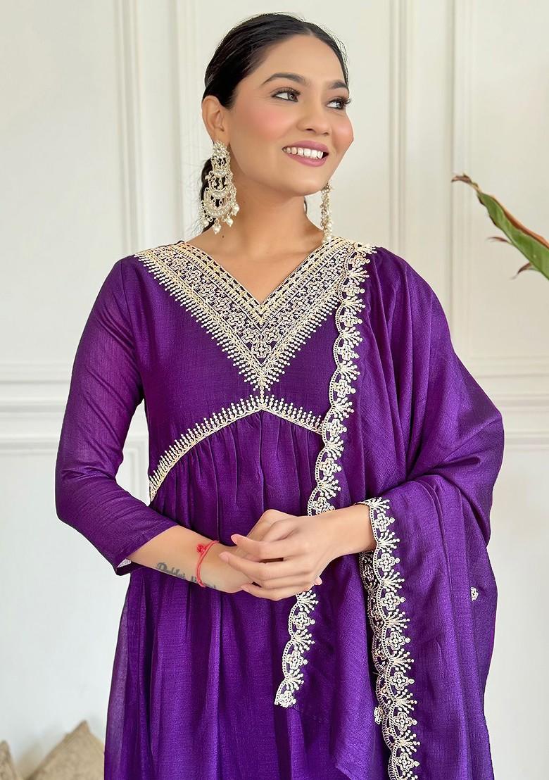 Purple Embroidered Poly Blend Kurta Set