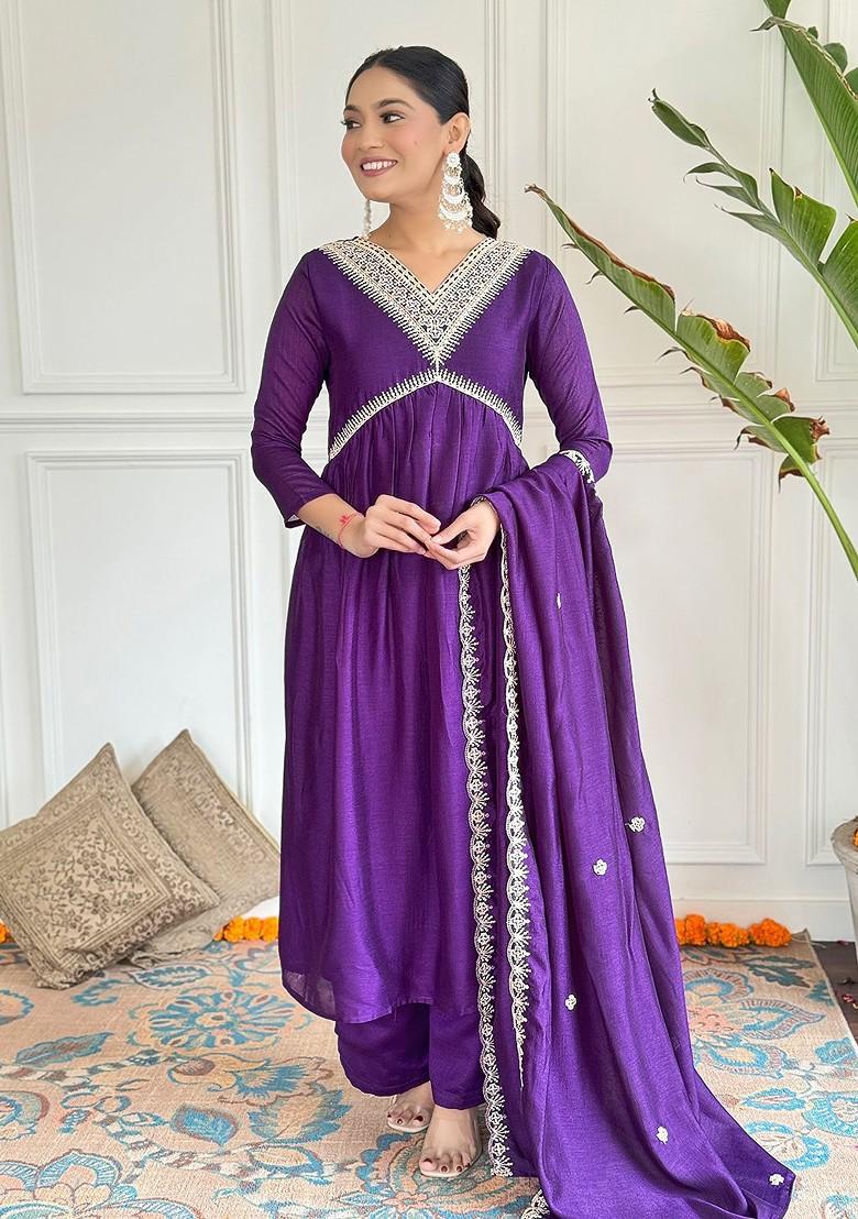 Purple Embroidered Poly Blend Kurta Set