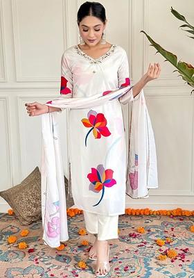 White Embroidered Poly Blend Kurta Set