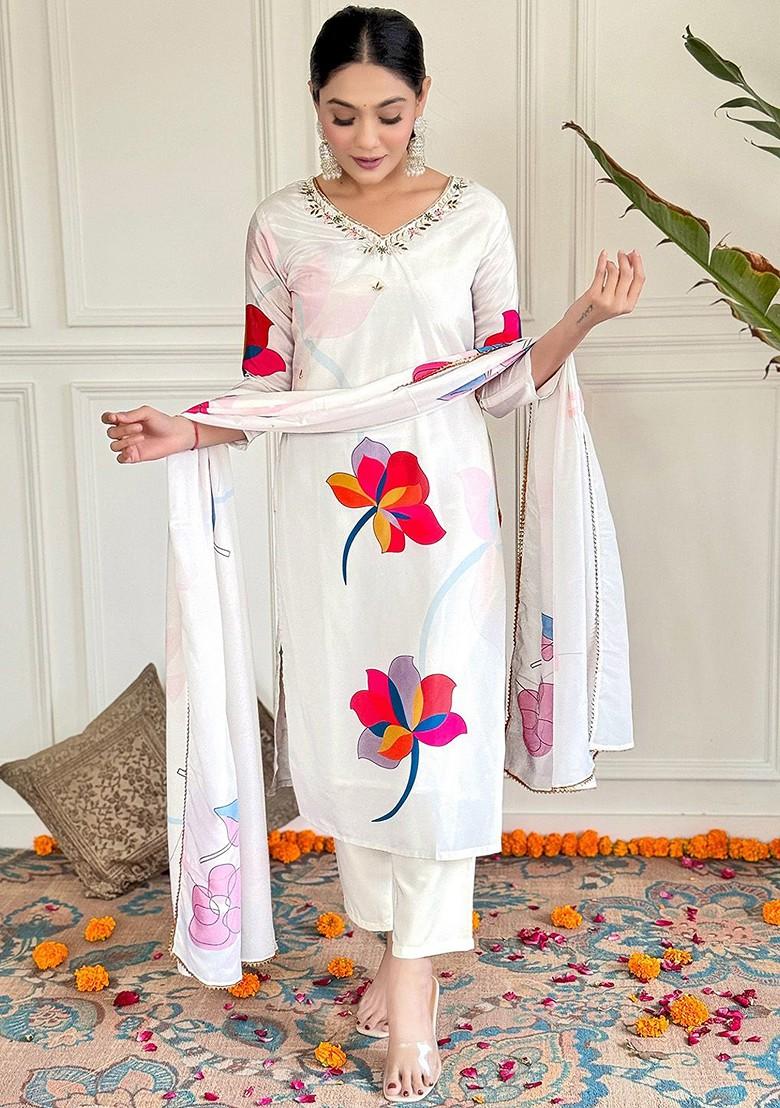 White Embroidered Poly Blend Kurta Set