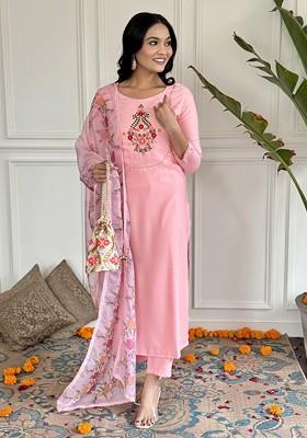 Peach Embroidered Poly Blend Kurta Set