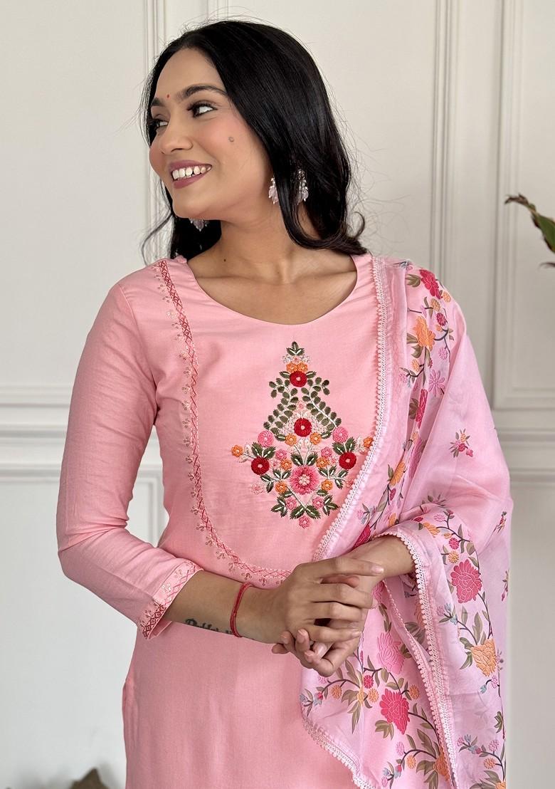 Peach Embroidered Poly Blend Kurta Set