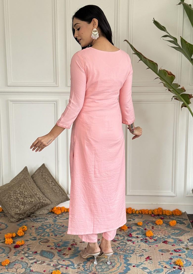 Peach Embroidered Poly Blend Kurta Set