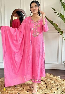 Pink Embroidered Poly Blend Kurta Set