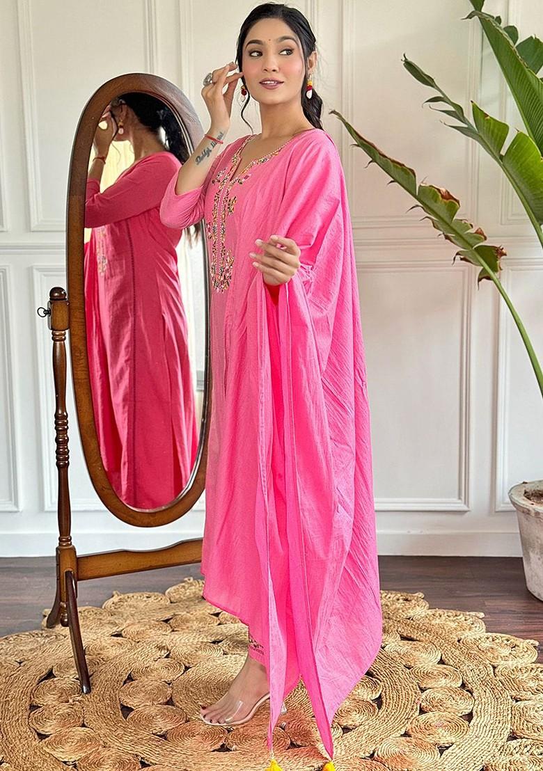 Pink Embroidered Poly Blend Kurta Set