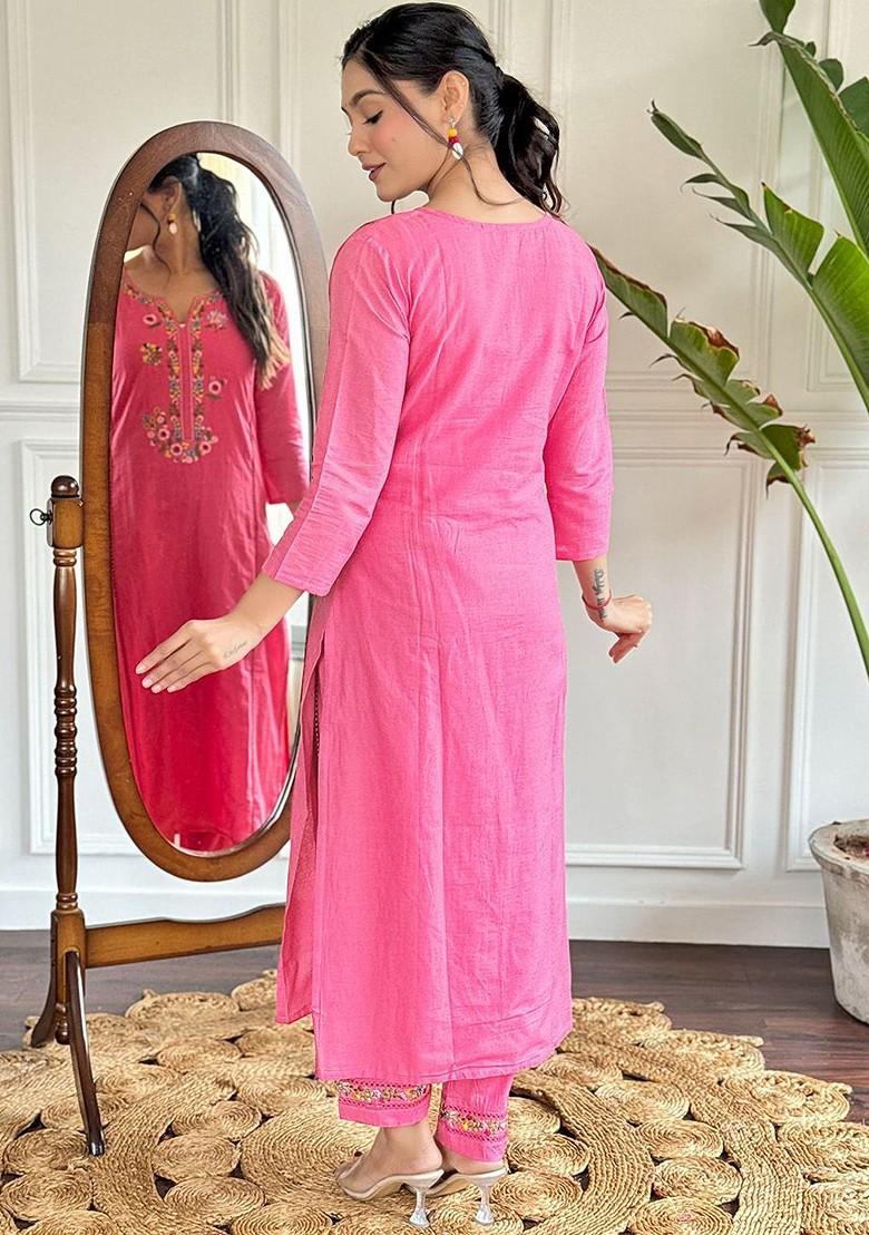 Pink Embroidered Poly Blend Kurta Set