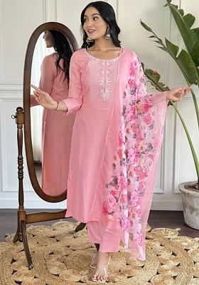 Pink Floral Print Poly Blend Kurta Set
