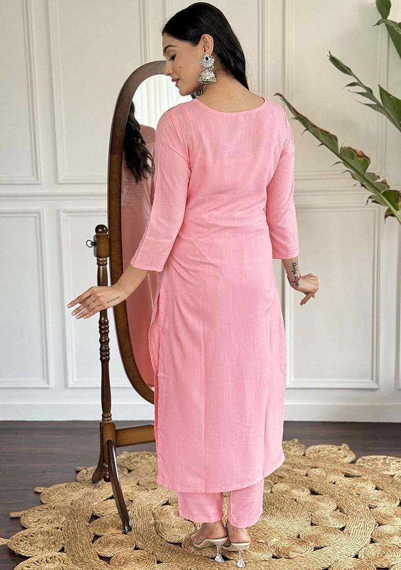 Pink Floral Print Poly Blend Kurta Set