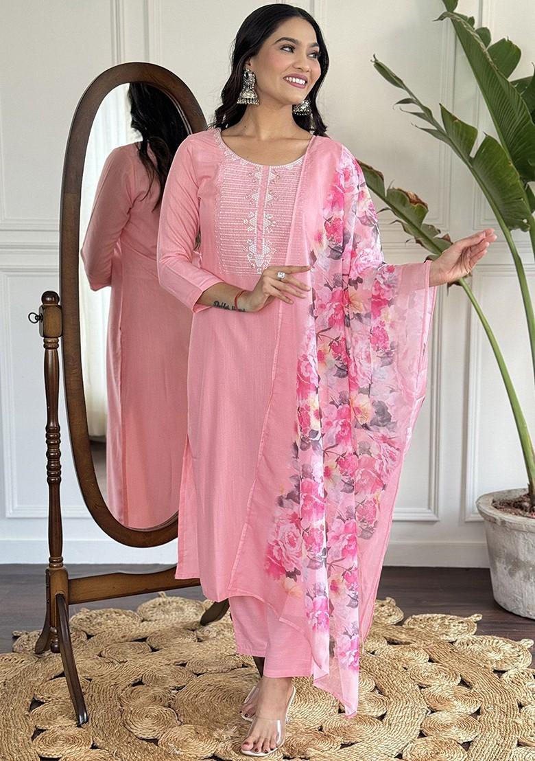 Pink Floral Print Poly Blend Kurta Set