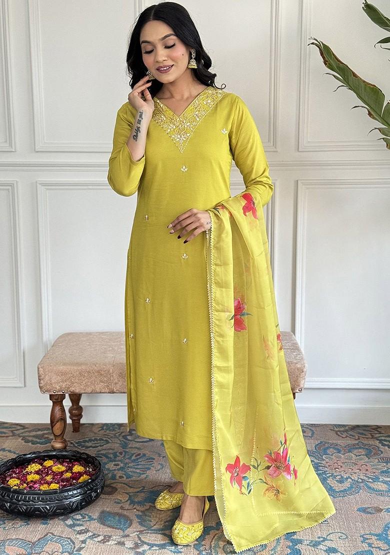 Yellow Embroidered Poly Blend Kurta Set