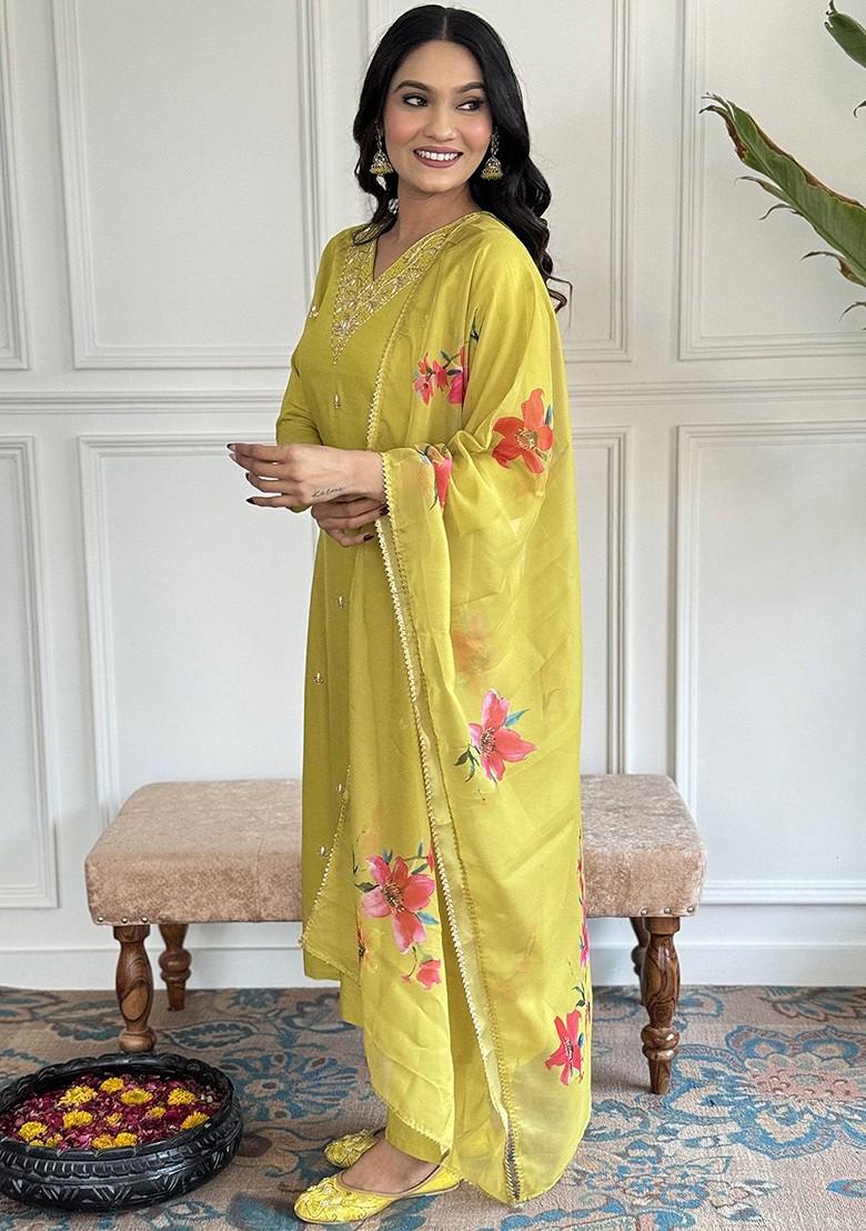 Yellow Embroidered Poly Blend Kurta Set