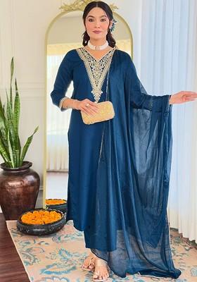 Teal Embroidered Poly Blend Kurta Set