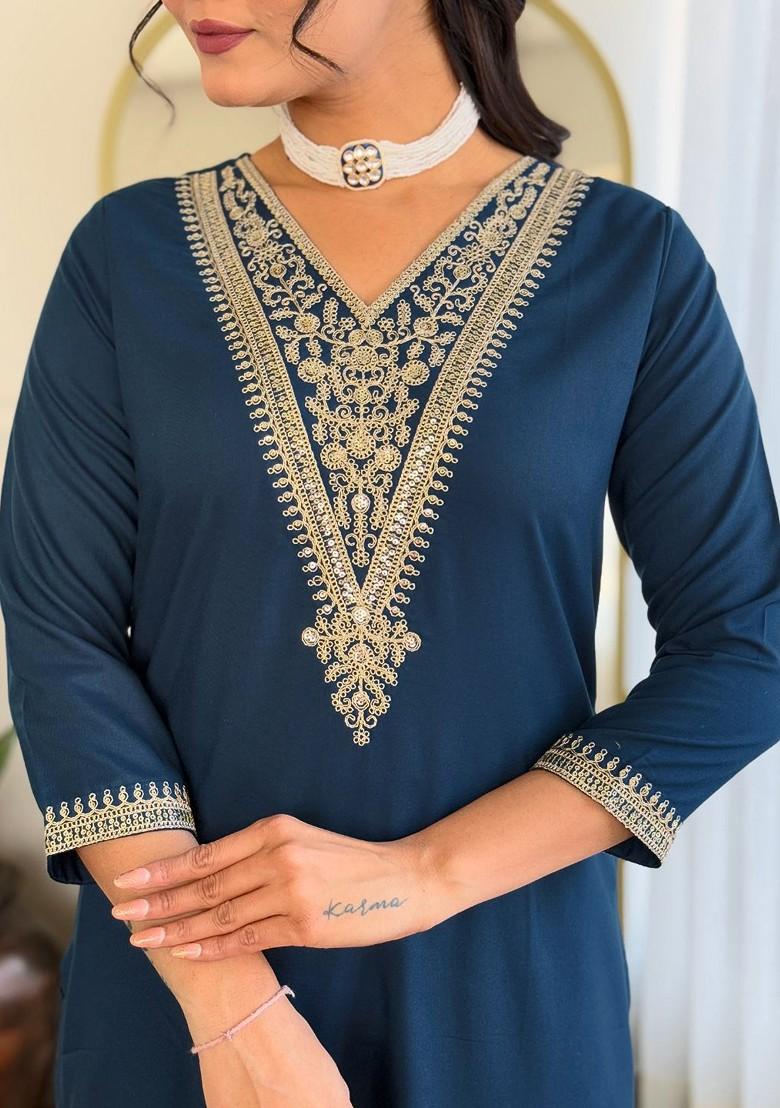 Teal Embroidered Poly Blend Kurta Set