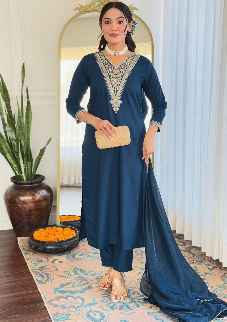 Teal Embroidered Poly Blend Kurta Set