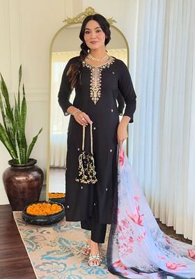 Black Embroidered Poly Blend Kurta Set