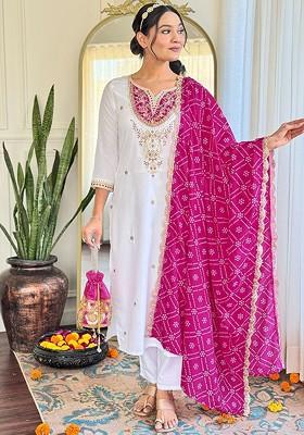 White Embroidered Poly Blend Kurta Set