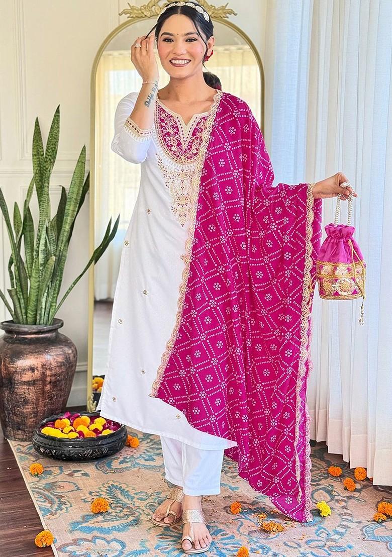 White Embroidered Poly Blend Kurta Set