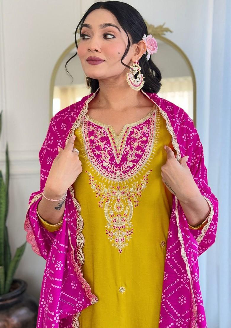 Yellow Embroidered Poly Blend Kurta Set