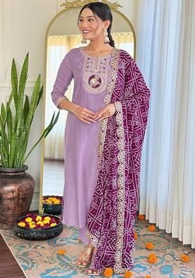 Lavender Embroidered Poly Blend Kurta Set