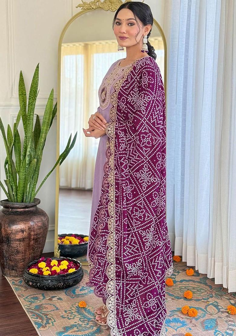 Lavender Embroidered Poly Blend Kurta Set