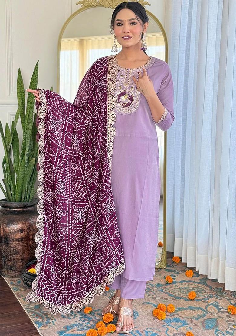 Lavender Embroidered Poly Blend Kurta Set