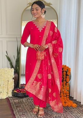 Pink Embroidered Poly Blend Kurta Set