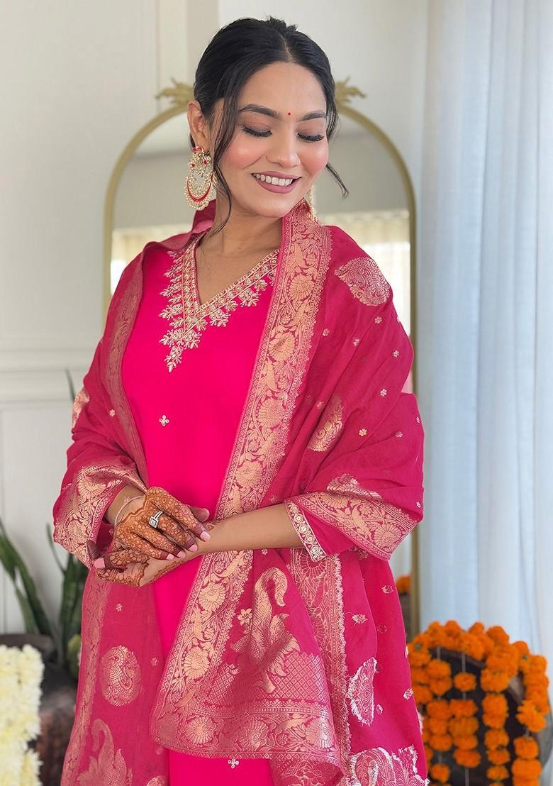 Pink Embroidered Poly Blend Kurta Set