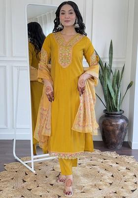 Mustard Embroidered Poly Blend Kurta Set