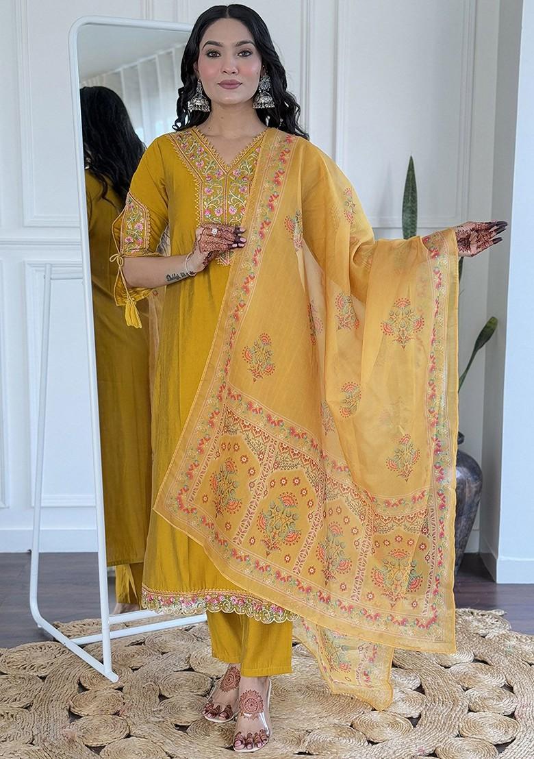 Mustard Embroidered Poly Blend Kurta Set