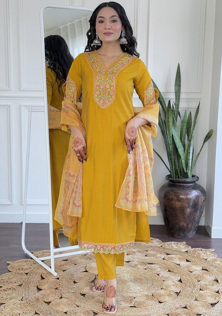 Mustard Embroidered Poly Blend Kurta Set