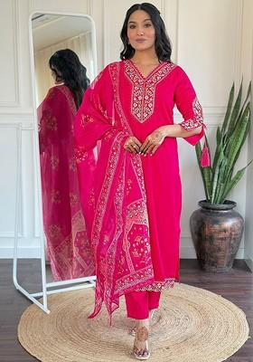 Fuchsia Embroidered Poly Blend Kurta Set