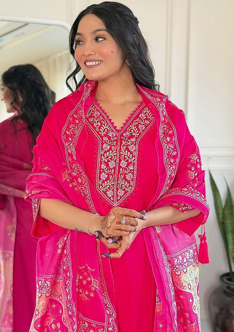 Fuchsia Embroidered Poly Blend Kurta Set