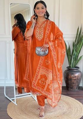 Orange Embroidered Poly Blend Kurta Set