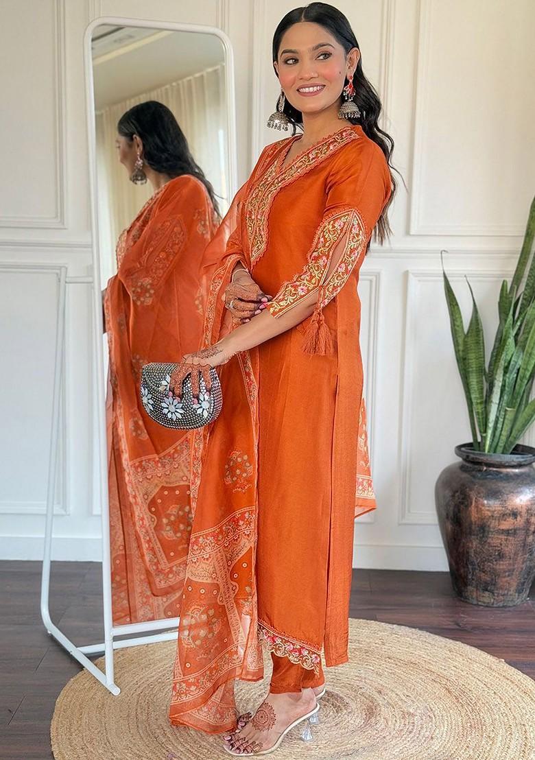 Orange Embroidered Poly Blend Kurta Set