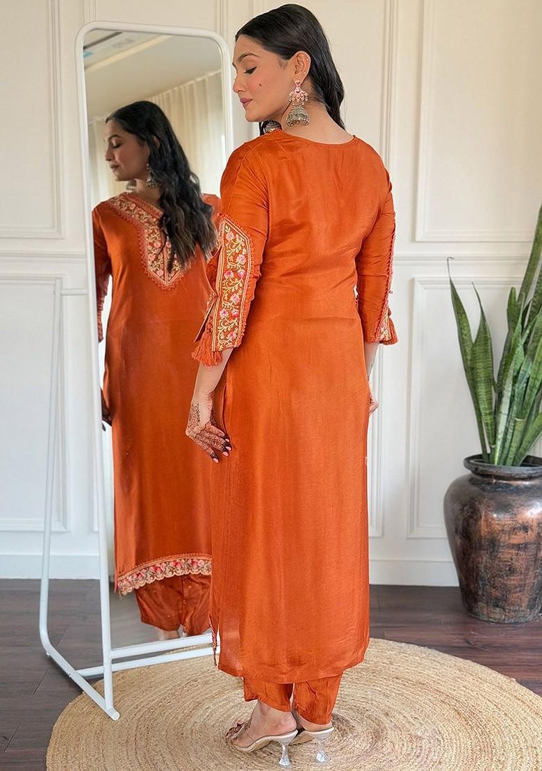 Orange Embroidered Poly Blend Kurta Set