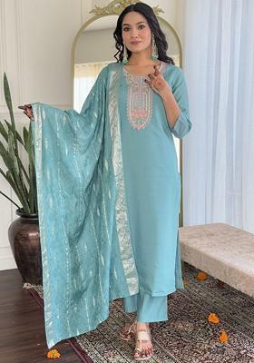 Blue Floral Print Chanderi Kurta Set