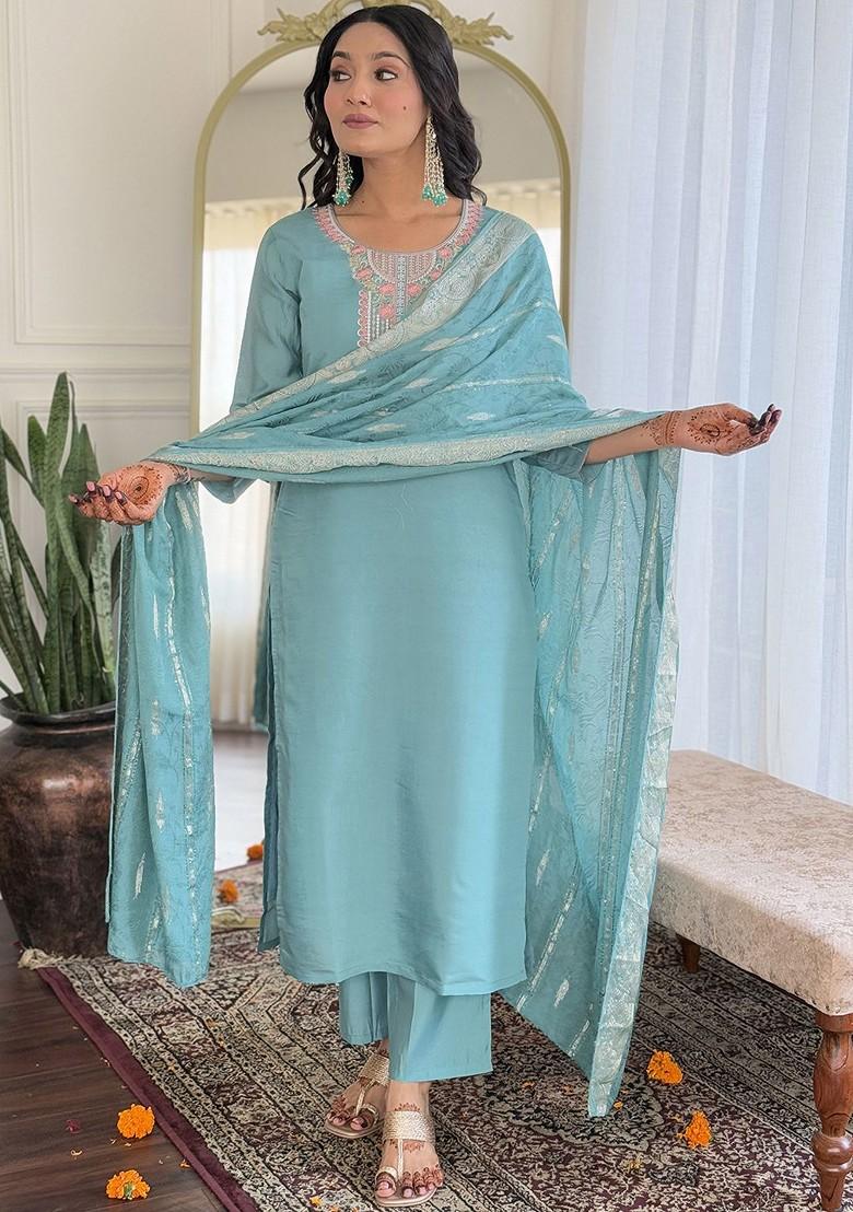 Blue Floral Print Chanderi Kurta Set