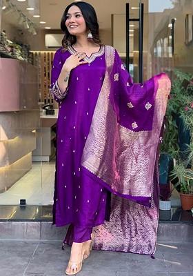 Purple Embroidered Chanderi Kurta Set